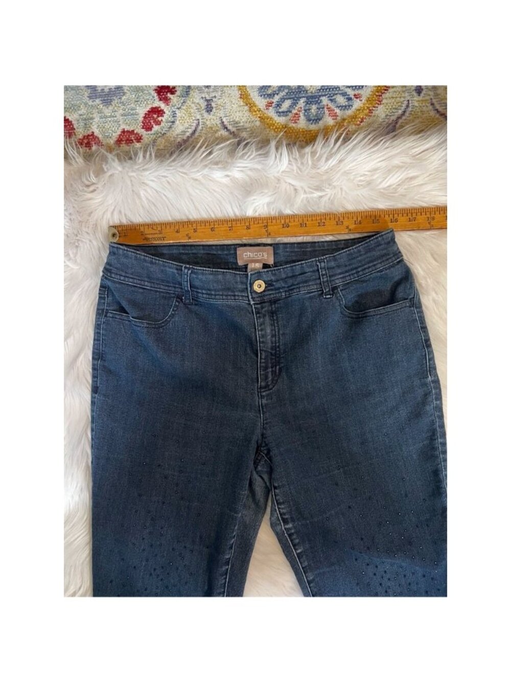 Chico's Womens Jeans Rhinestone Sz 10 Blue Pockets Skinny Ankle - Picture 7 of 8